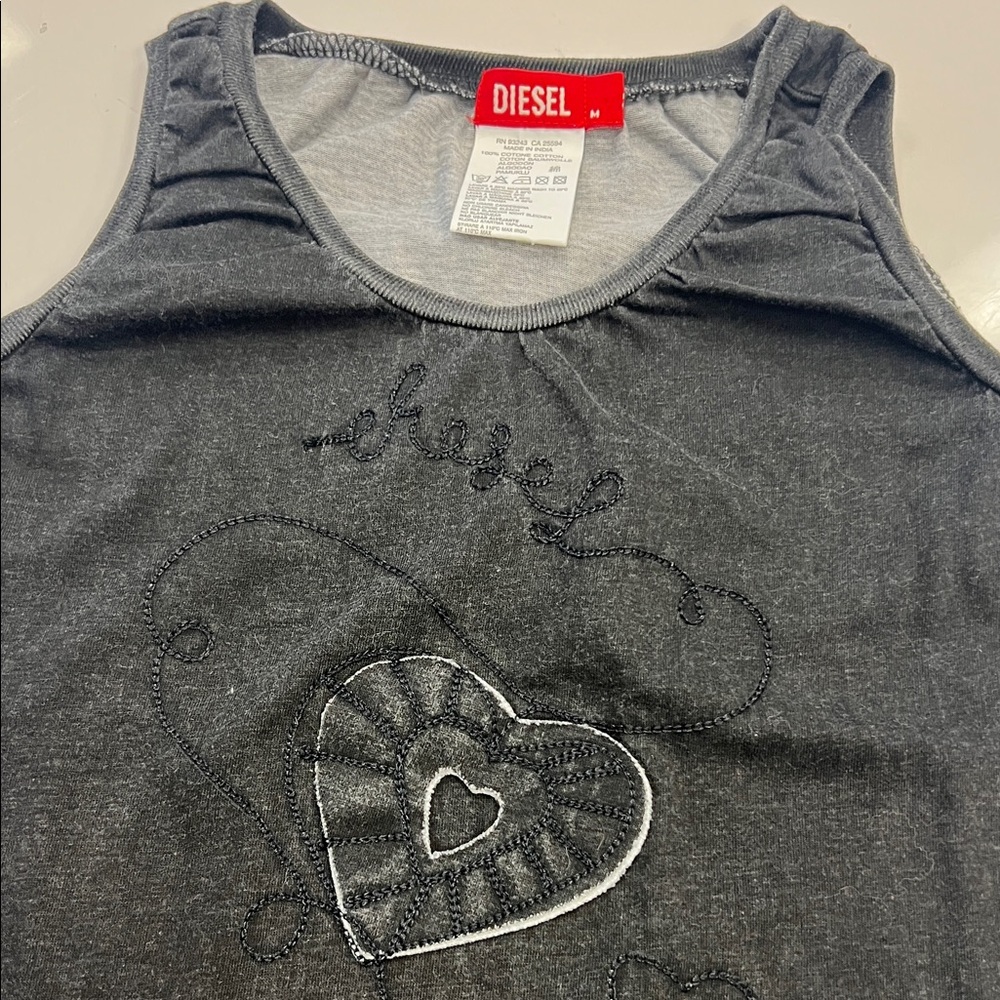 Diesel Charcoal Tank Top with Embroidered Heart